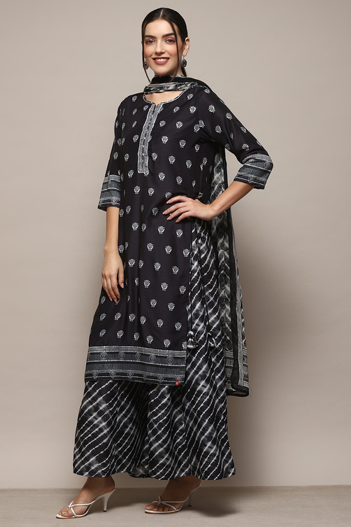 Black Poly Musin Relaxed Kurta Sharara Suit Set image number 7