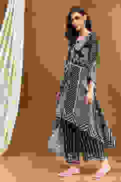 Black Printed Asymmetric Kurta Set image number 3