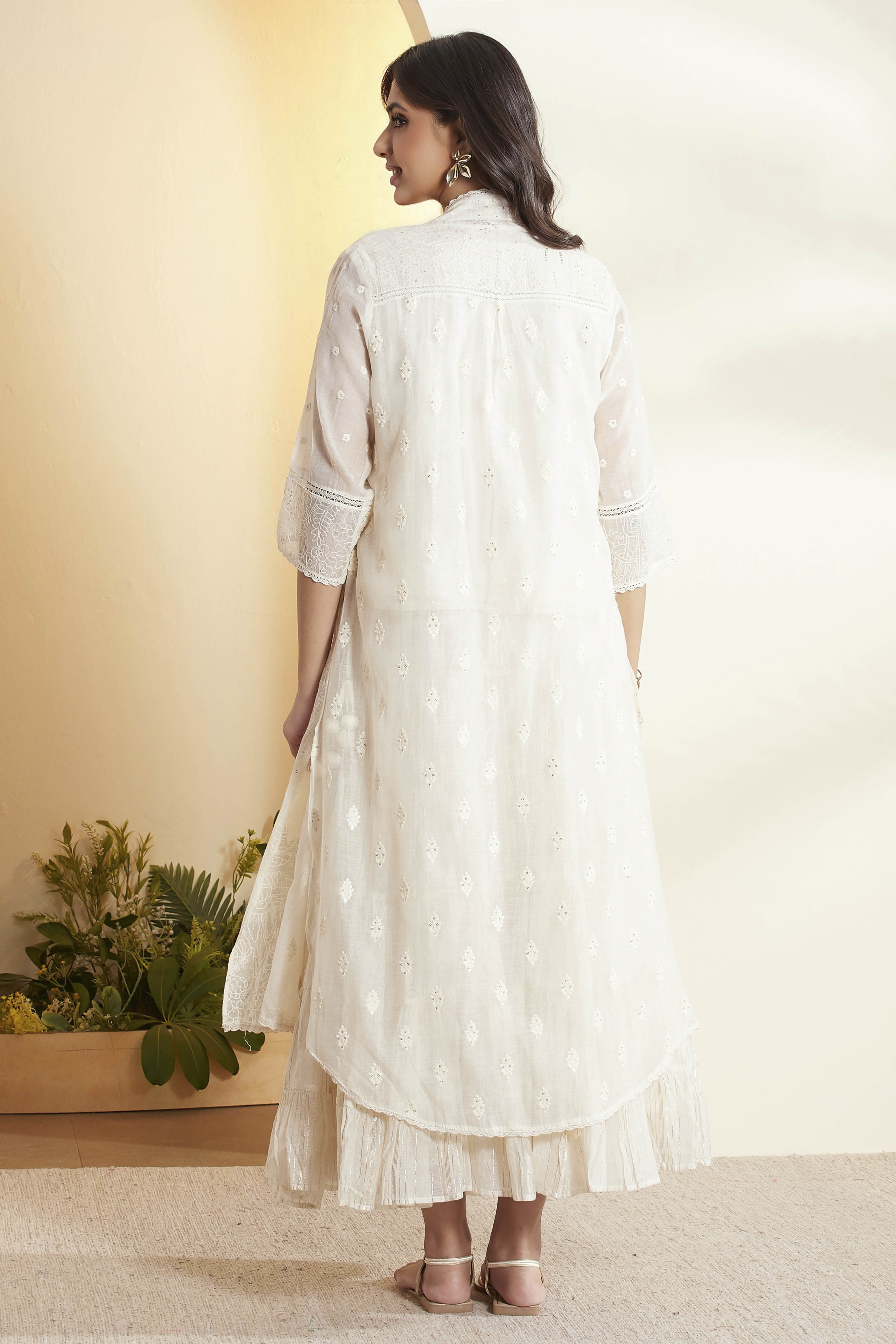 Off-White Cotton Embroidered Silk Fusion Set image number 6