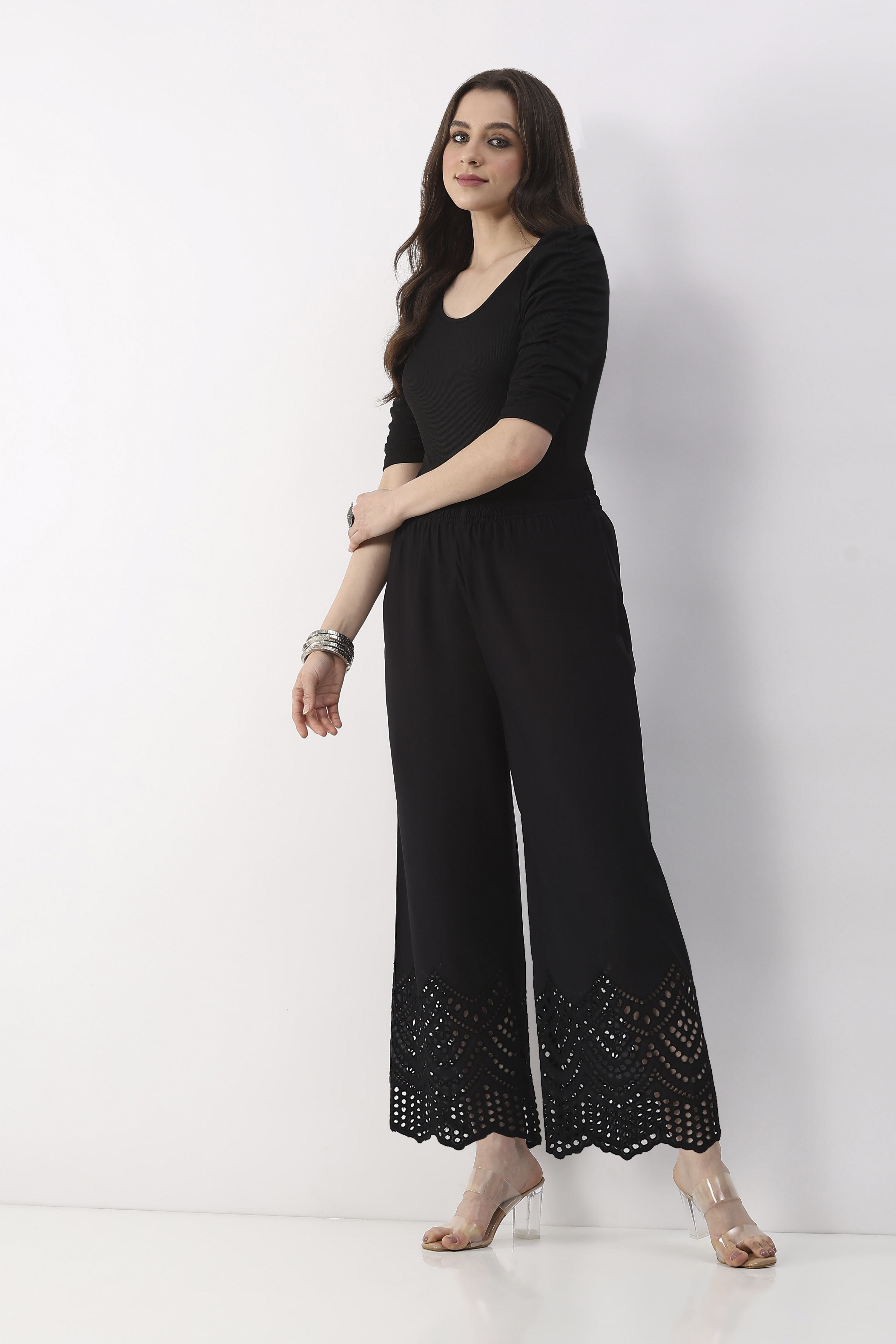 Black Cotton Straight Palazzos image number 0