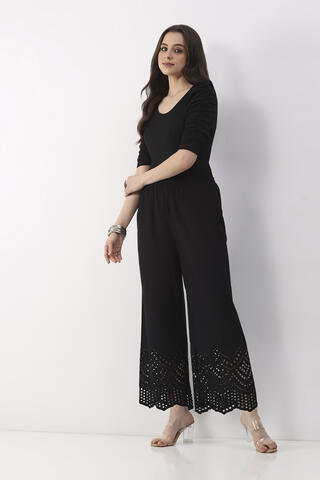 BIBA Black Cotton Straight Palazzos in Black