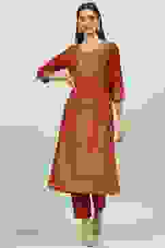 Maroon Art Silk Straight Kurta Slim Pants Suit Set image number 0