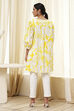 Lime and White Cotton Relaxed Short Kurta image number 3