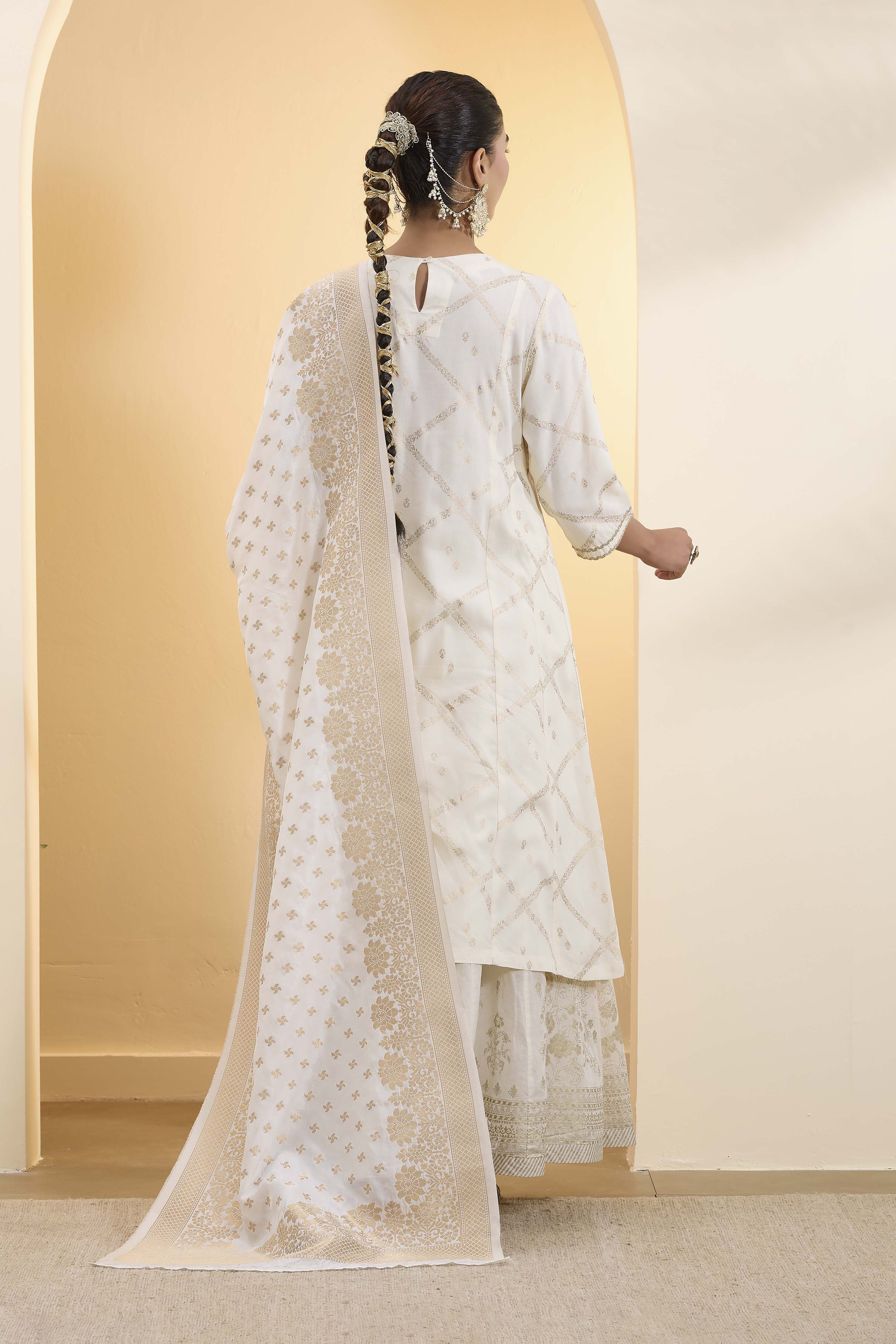 Off-White Poly Jacquard Printed Dupatta image number 2