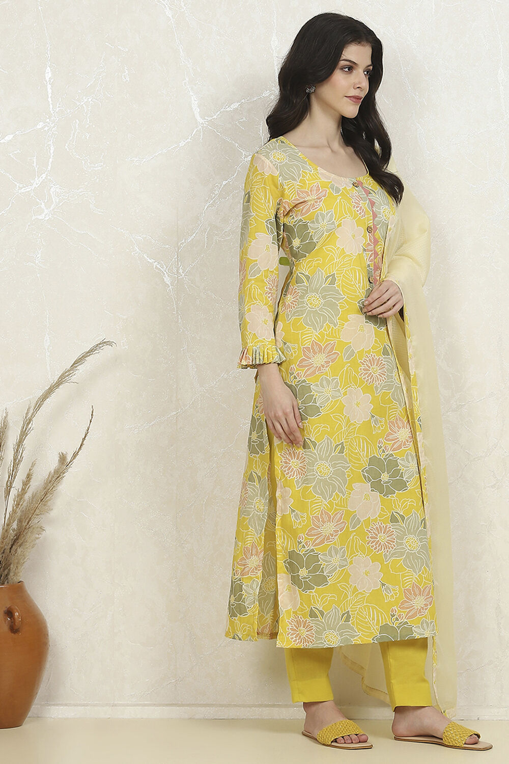 Yellow Cotton Printed Unstitched Suit Set image number 6