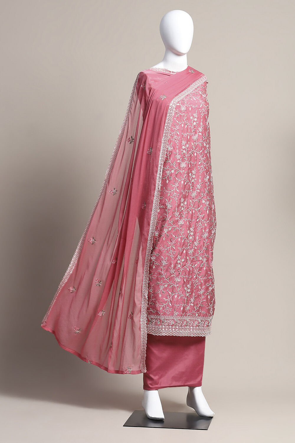 Pink Chanderi Blend Unstitched Suit Set image number 0