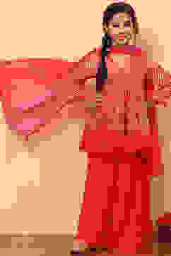 Coral Chiffon Floral Printed Festive Gathered Suit Set image number 0