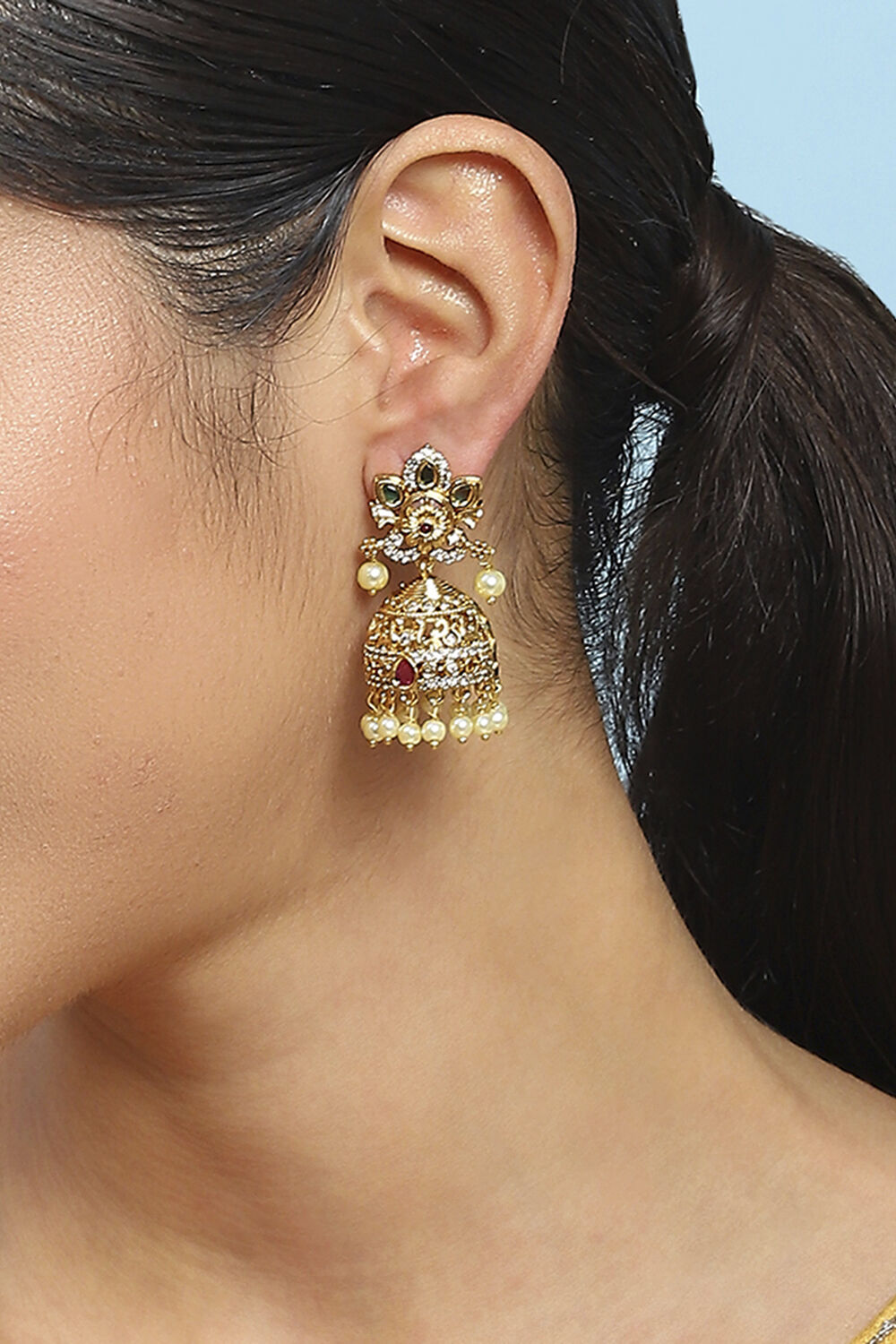 Gold Green Alloy Jhumka image number 1