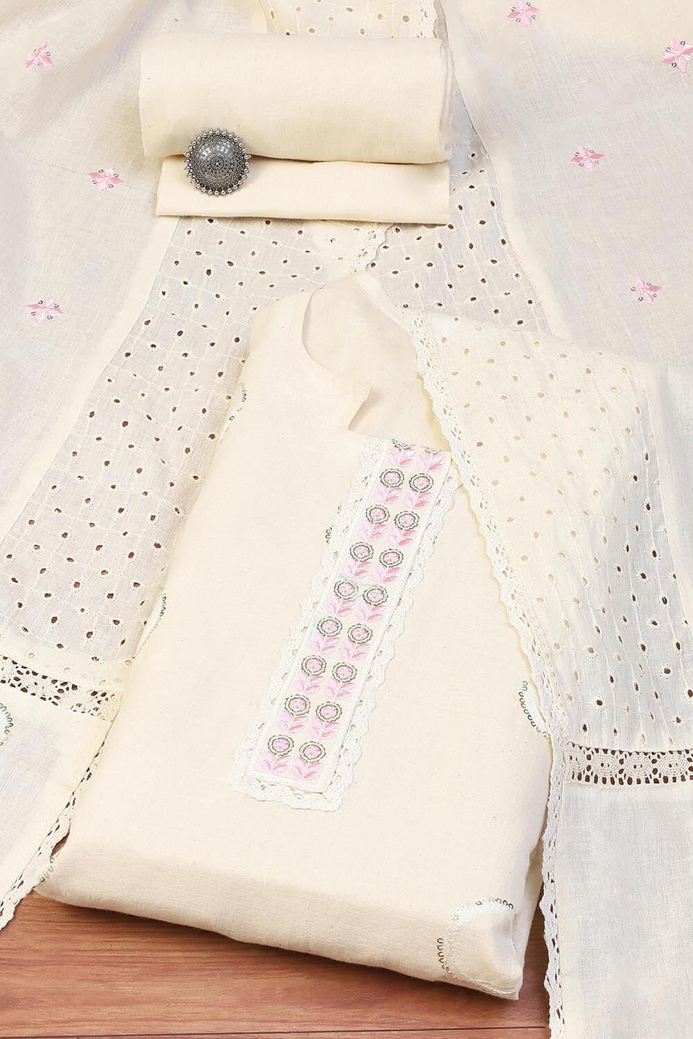 Off White Cotton Schiffly Unstitched Suit Set image number 0