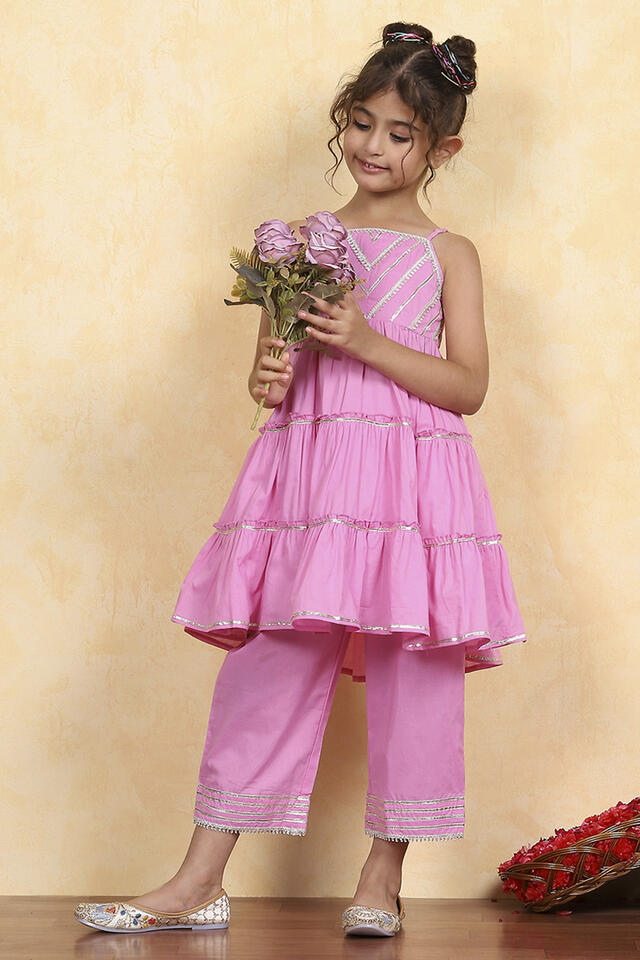 BIBA Pink Cotton Dyed Tiered Kurta Pants Set in Fondant Pink