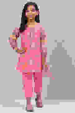 Peach Cotton Straight Printed Kurta Set image number 0