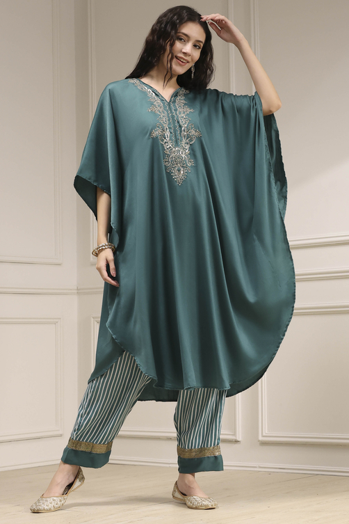 Buy Sage Green Modal Solid Kaftan Fusion Kurta Set Online at Biba India Buy Sage Green Modal Solid Kaftan Fusion Kurta Set Online at Biba India