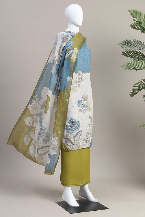 Red Linen Blend Machine Embroidered Unstitched Suit Set image number 4
