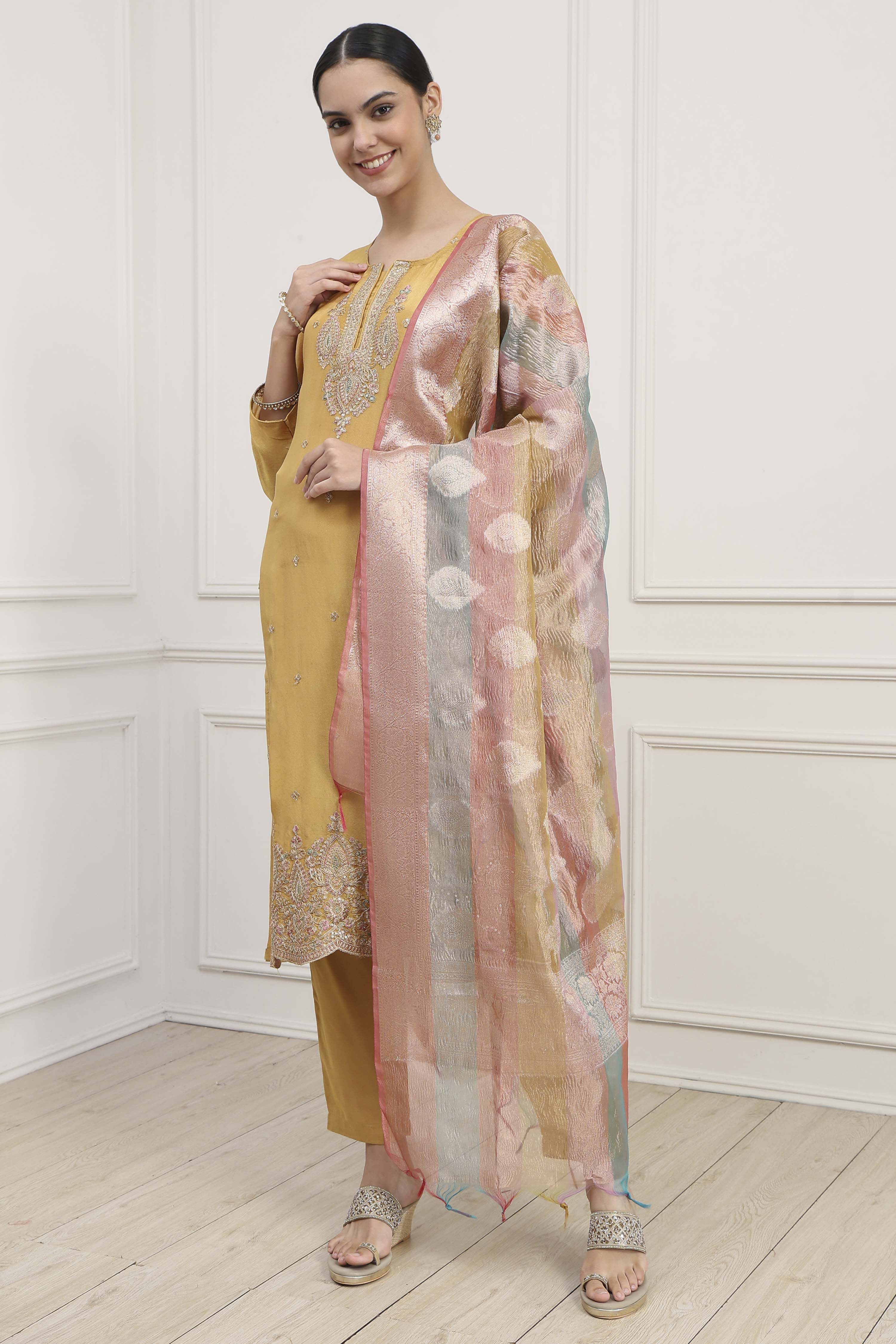 Mustard Silk Blend Machine Embroidered Unstitched Suit Set image number 4