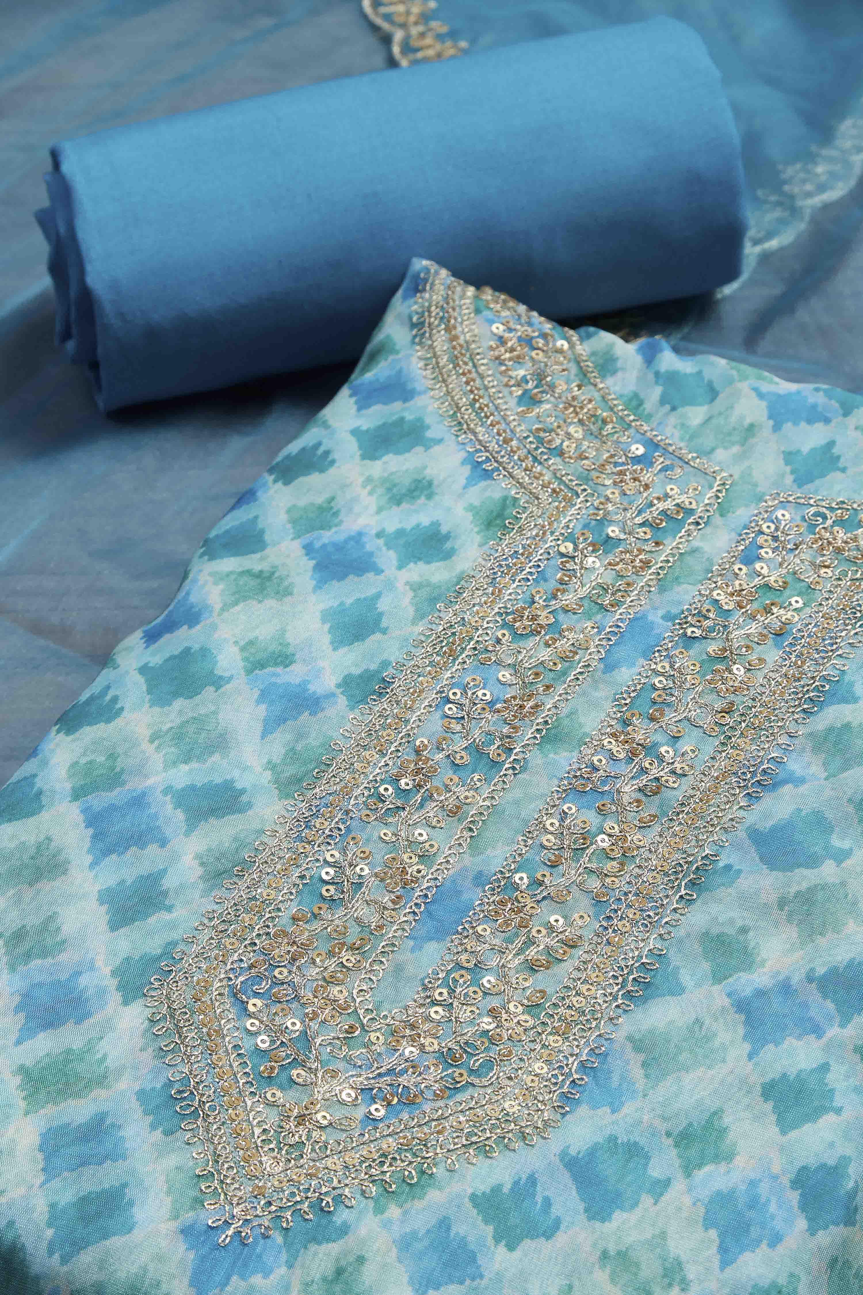 Yellow Organza Rajasthani Print Unstitched Suit Set image number 1