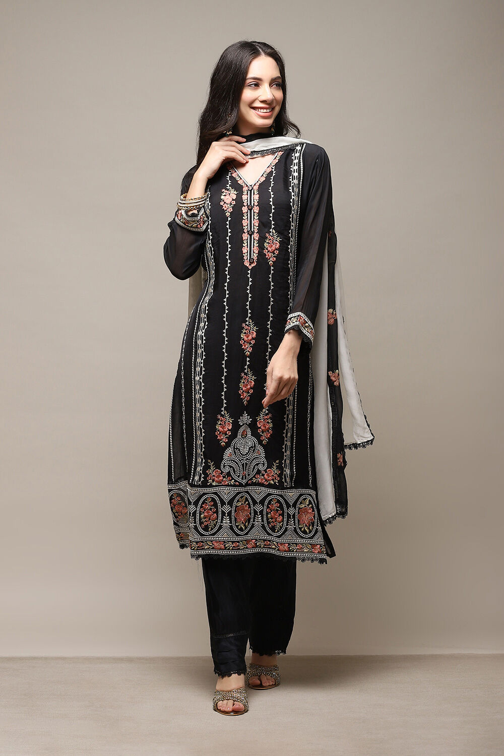 Black Organza Printed Unstitched Suit Set image number 8