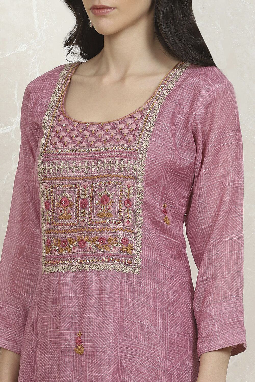 Pink Cotton Hand Embroidered Unstitched Suit Set image number 2