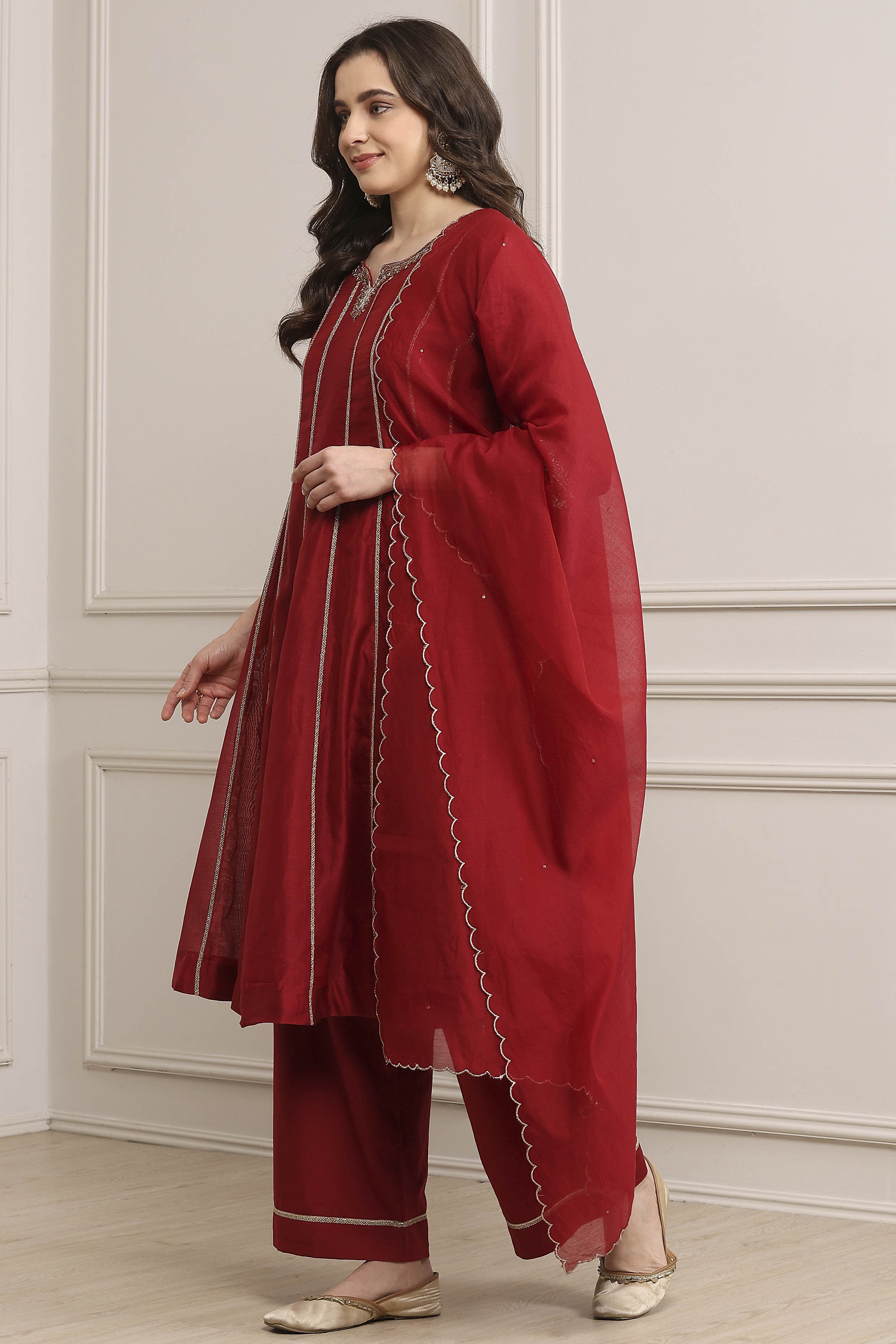 Red Chanderi Kalidar Dyed Suit Set image number 3