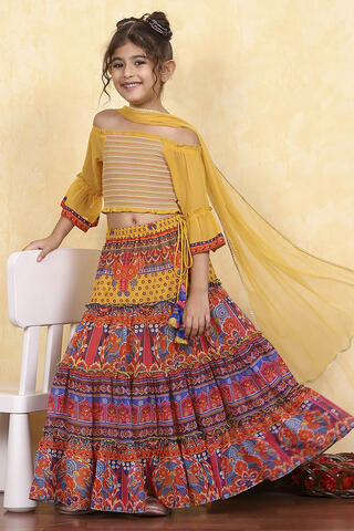 BIBA Multi Polyester Printed Tiered Lehenga Set in Multicolor