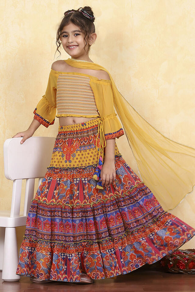BIBA Multi Polyester Printed Tiered Lehenga Set in Multicolor