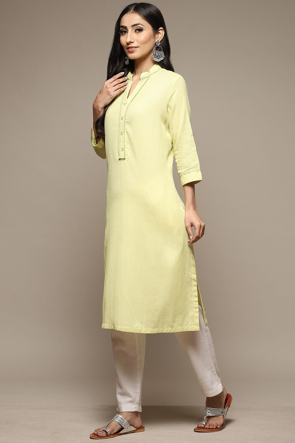 Green Cotton Blend Straight Yarndyed Kurta image number 5