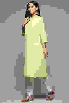 Green Cotton Blend Straight Yarndyed Kurta image number 5
