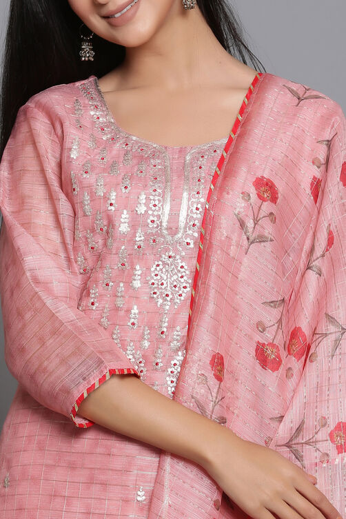 Pink Unstitched dress material Suit Set image number 1