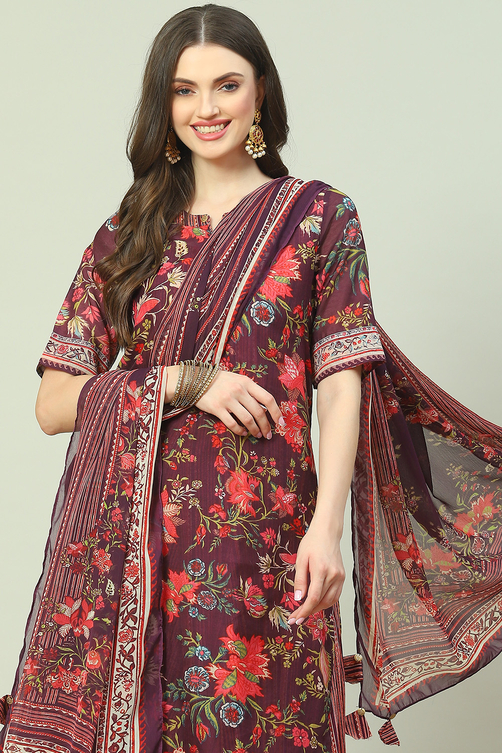 Wine Art Silk Straight Kurta Churidar Suit Set image number 2