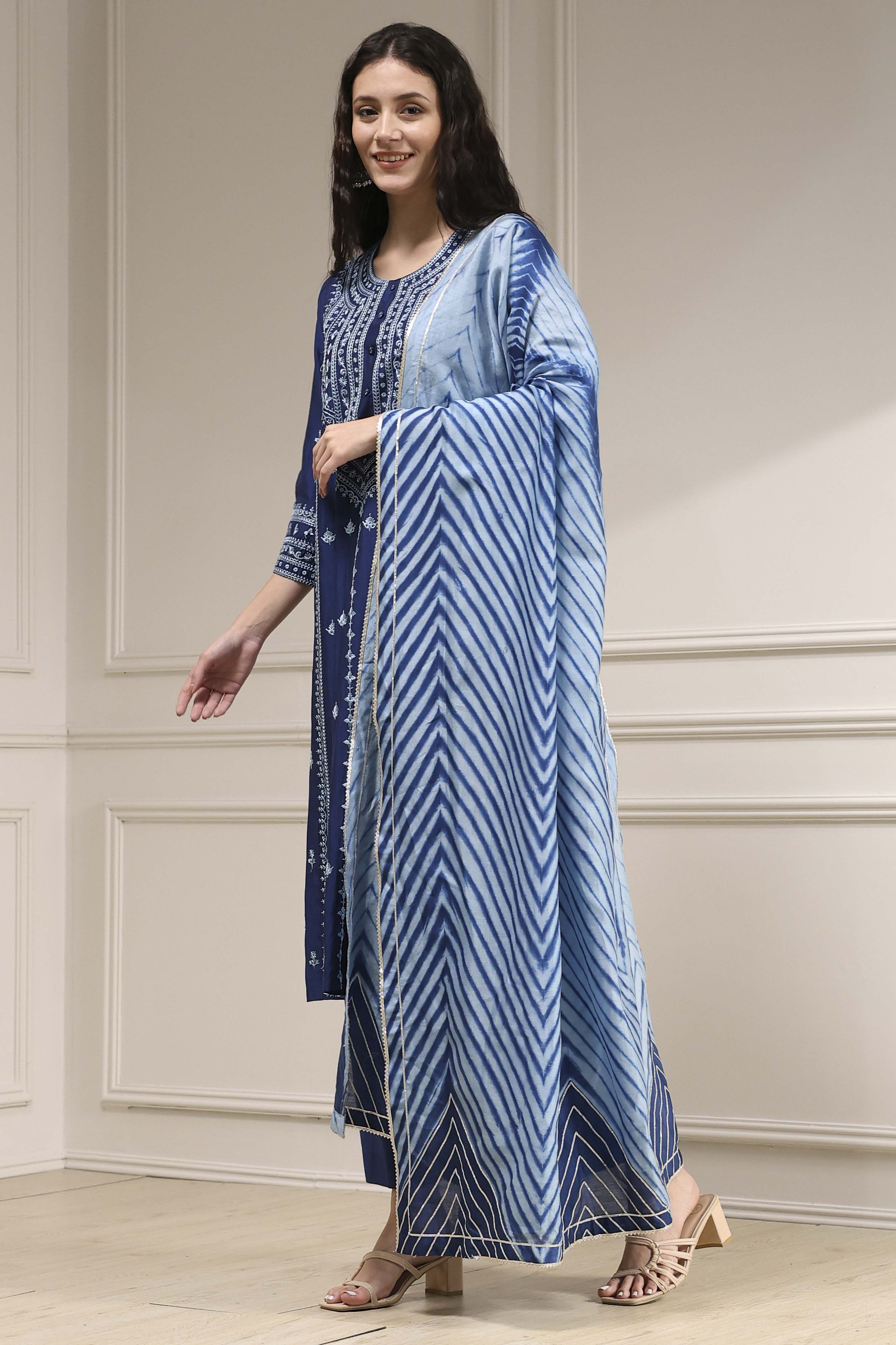 Blue Dyed Printed Straight Suit Set image number 3