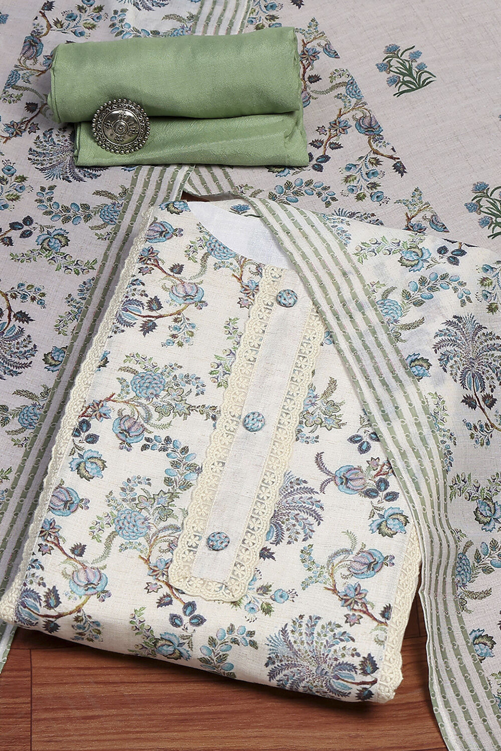 White Blue Cotton Blend Machine Embroidered Unstitched Suit Set image number 0