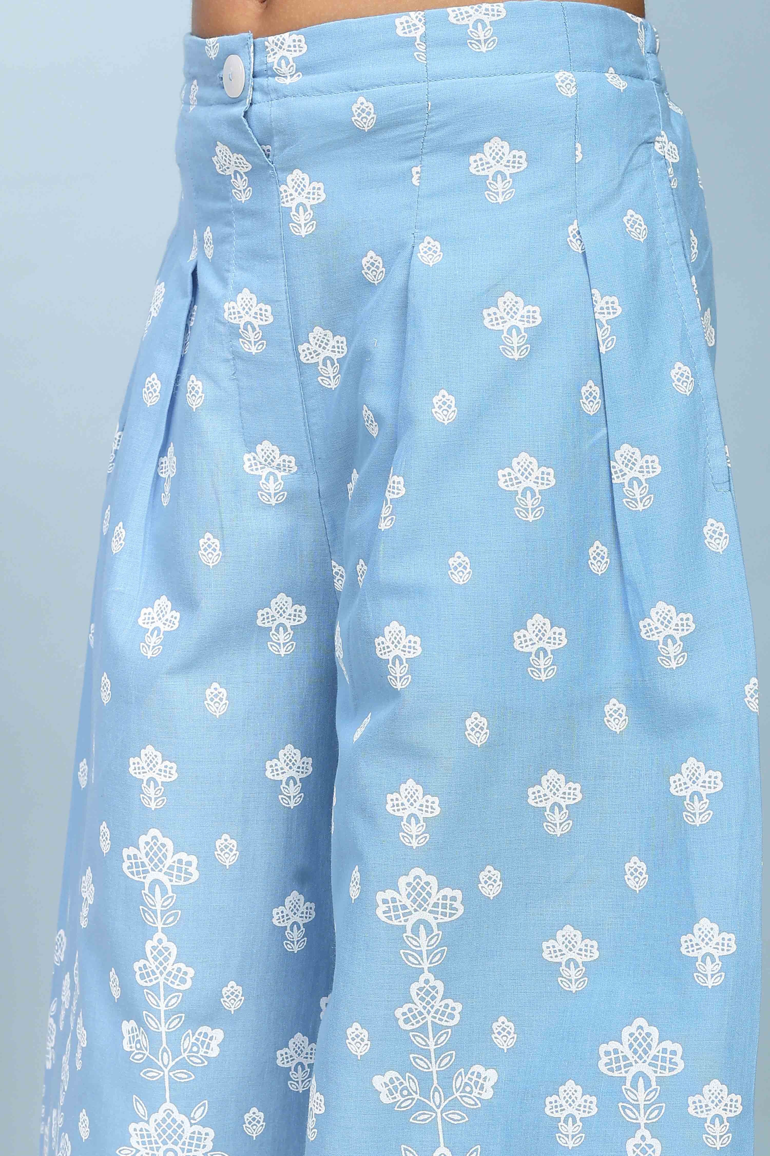 Blue Cotton Printed A-line Suit Set image number 2