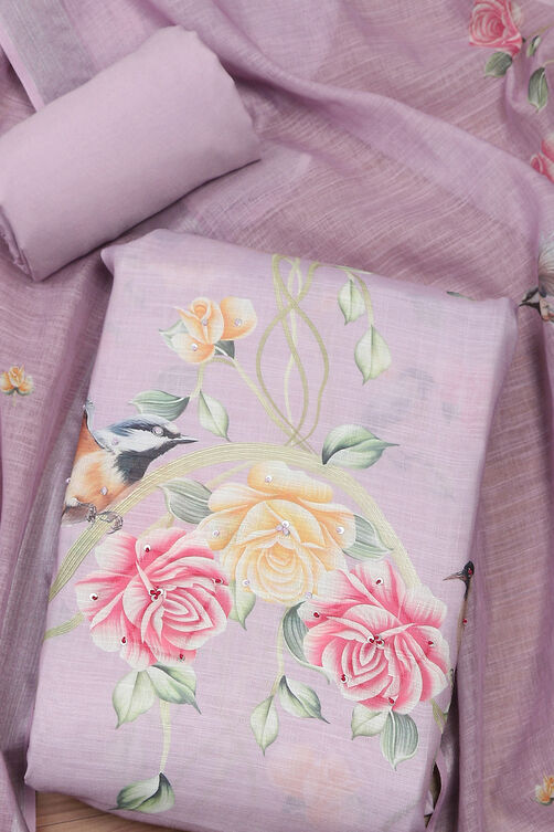 Blue Linen Printed Unstitched Suit Set image number 1