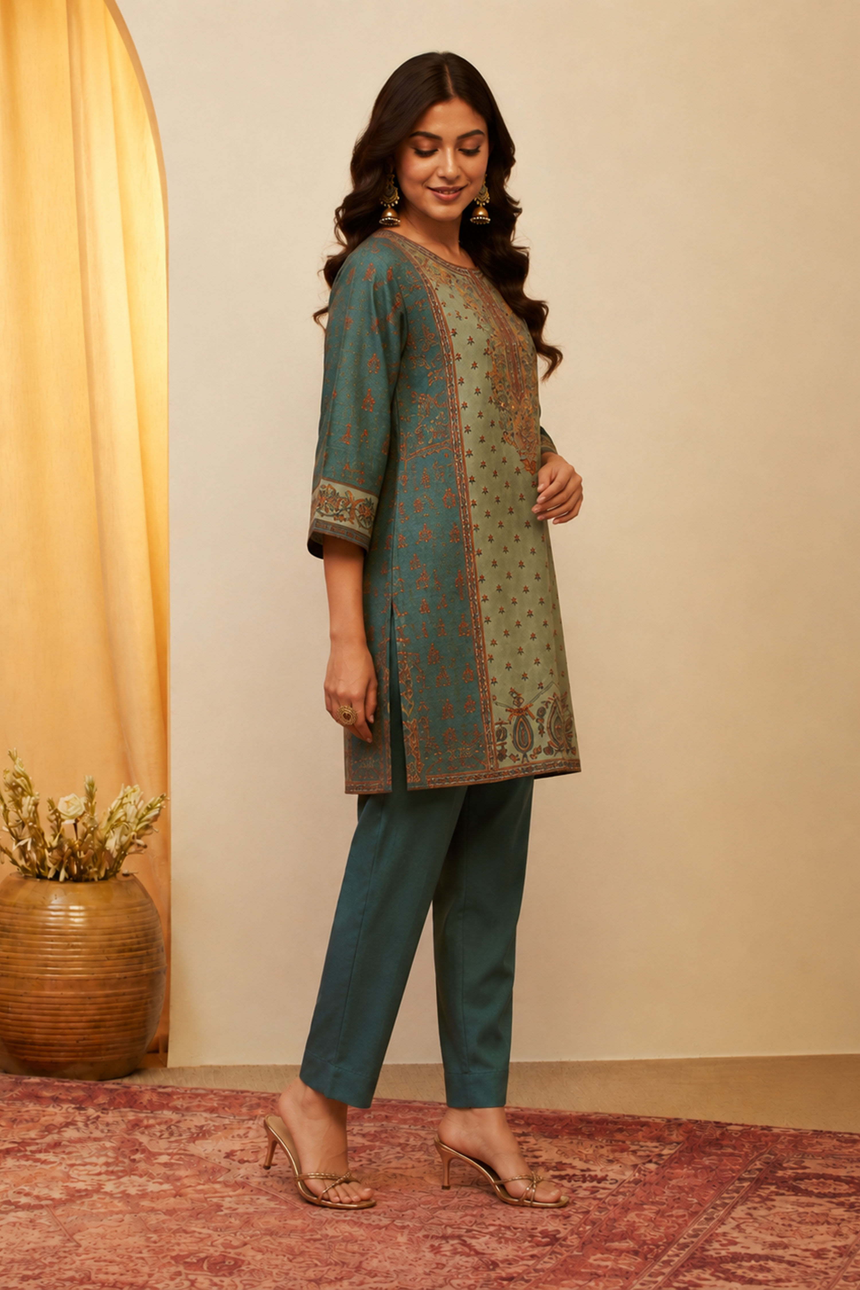 Teal Viscose Blend Printed Straight Kurta Set image number 4