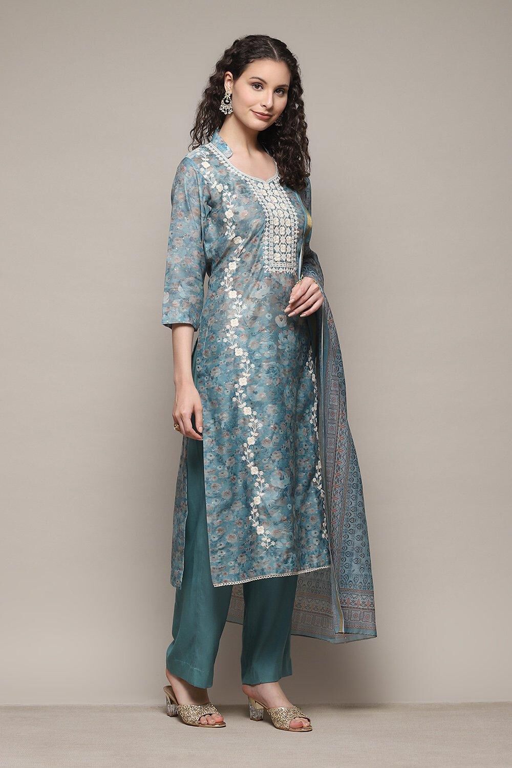Blue Chanderi Unstitched Suit Set image number 3