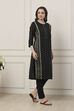 Black Cotton Floral Striped Straight Kurta image number 0