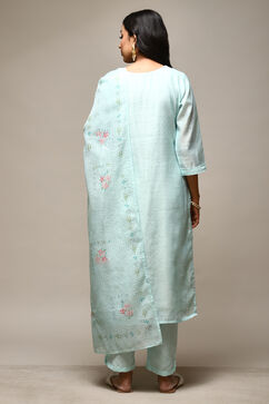 Turquoise Linen Digital Print Unstitched Suit Set image number 5