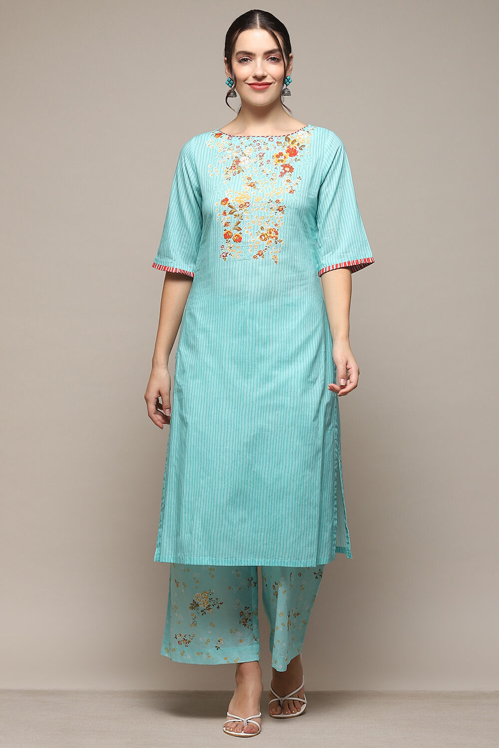 Mint Cambric Straight Kurta Palazzo Suit Set image number 6