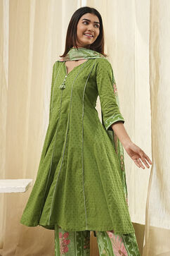 Green Cotton Yarn-Dyed Kalidar Suit Set image number 0