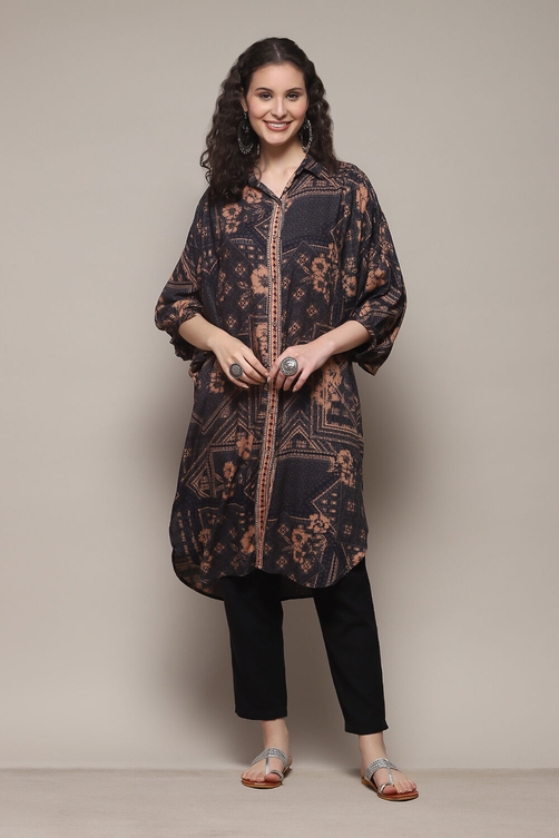 Black Rayon Slub Printed Jacket image number 5