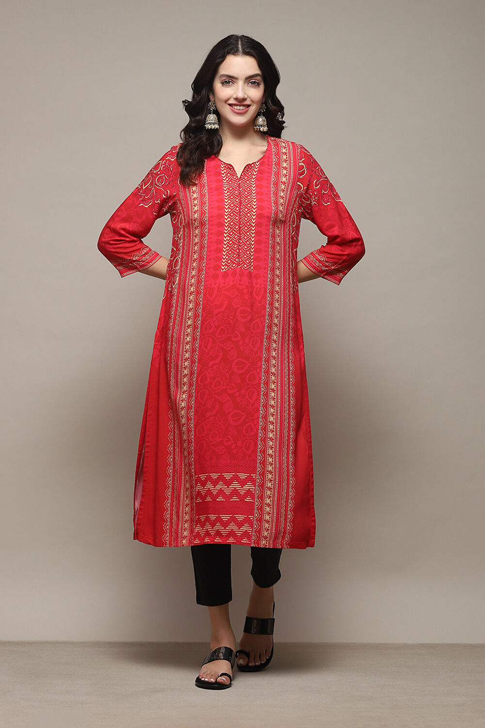 Red Printed Straight Kurta image number 5