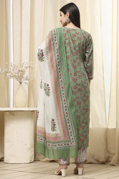 Green Cotton Screen Print Unstitched Suit Set image number 5