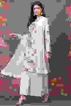 Rohit Bal Off White Silk & Cotton Straight Kurta Suit Set image number 3