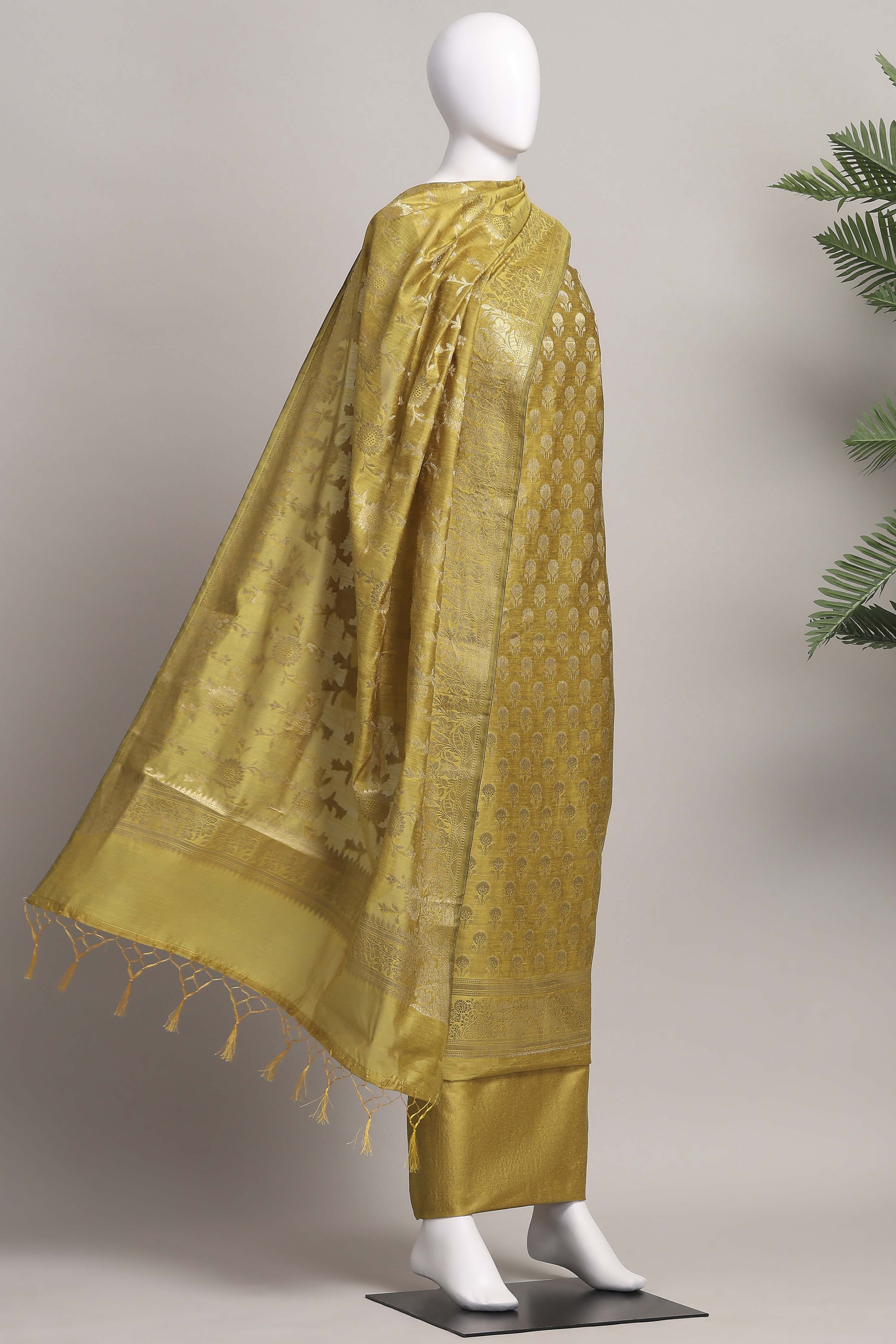 Teal Banarasi Chanderi Banarasi Print Unstitched Suit Set image number 4