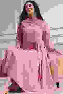 Peach-Colored Embroidered Gathered Suit Set image number 7