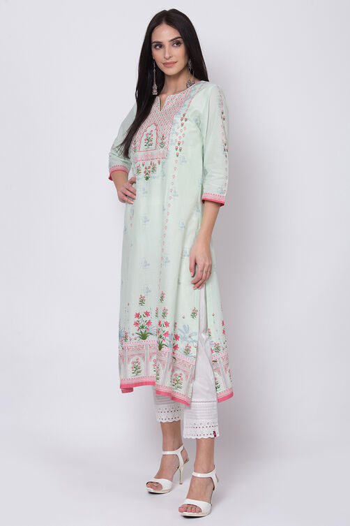 Mint Green Cotton A-Line Printed Kurta image number 2