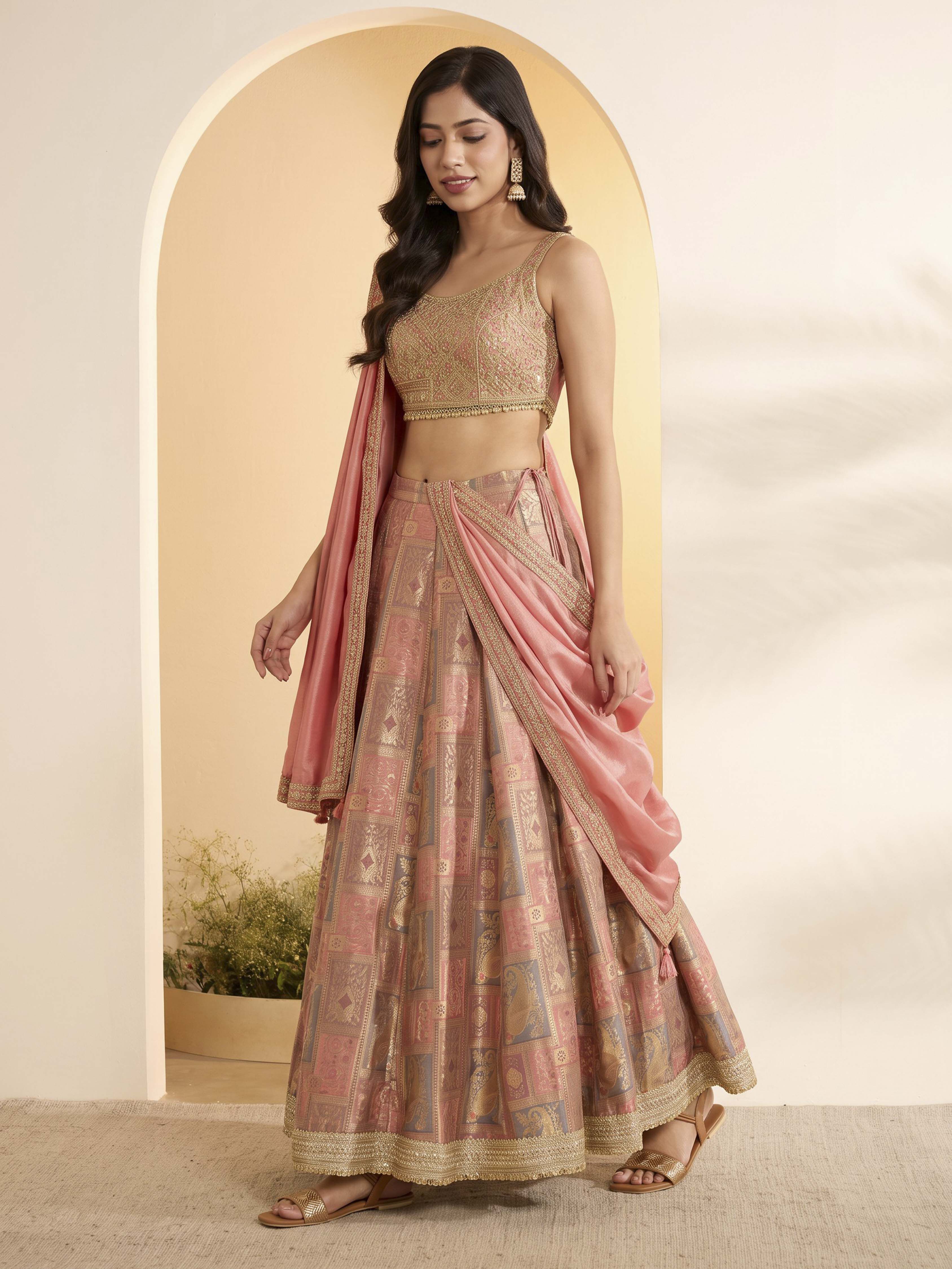 Light Pink Silk Kalidar Lehenga Set image number 2