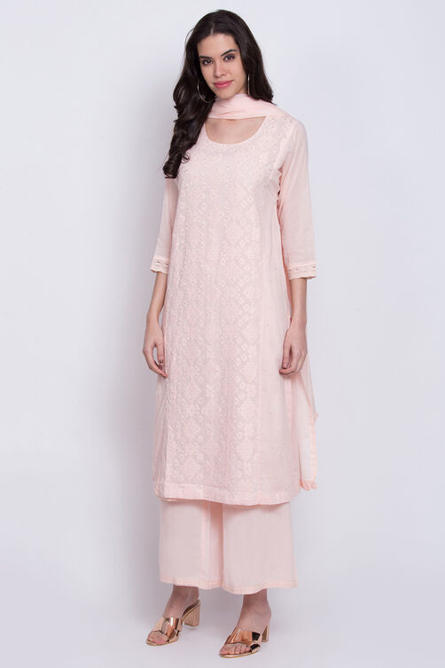 Peach Cotton Chikankari Kurta Palazzo Suit Set image number 3