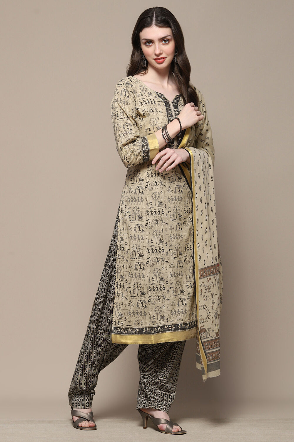 Grey Cotton Screen Printed Unstitched Suit Set image number 1