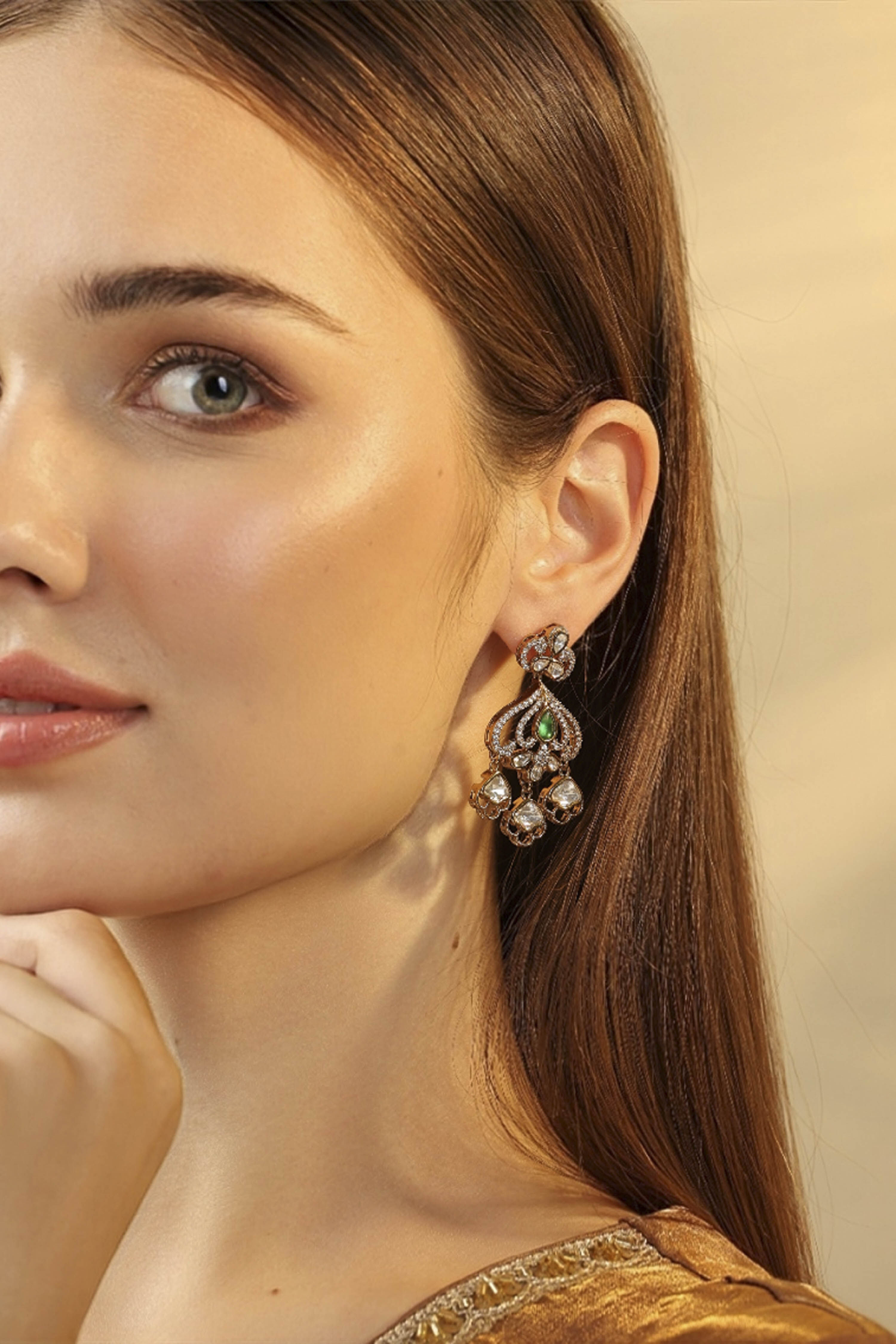 Green Brass Gold-Plated Drop and Dangler Earrings image number 1