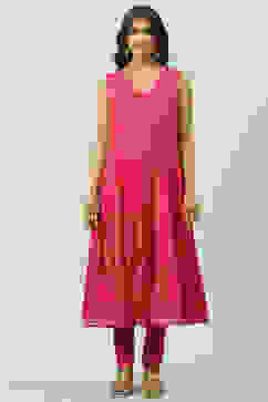 Fuschia Cotton Layered Kurta Churidar Suit Set image number 2